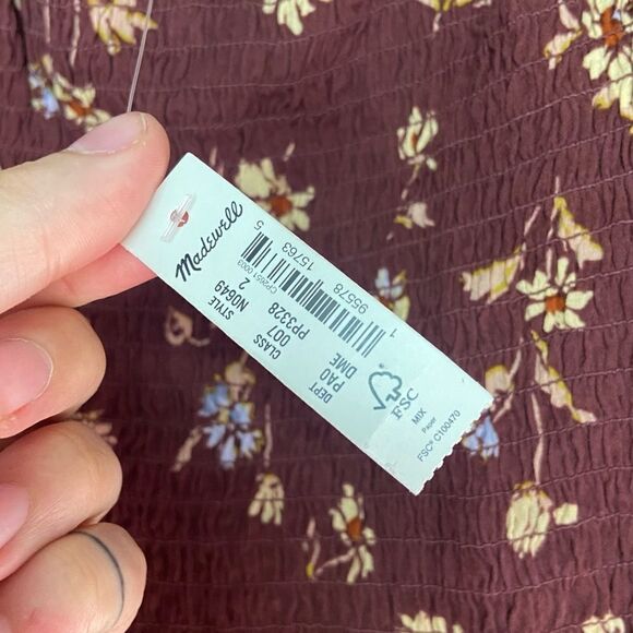 Madewell NWT Dark Merlot Floral Lucie Smocked Square-Neck Peplum Blouse Size 2 - Picture 7 of 8